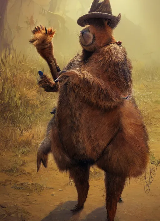 Prompt: detailed full body concept art illustration fuzzy oil painting of an anthropomorphic capybara cowboy in intricate clothing, biomutant, ultra detailed, digital art, octane render