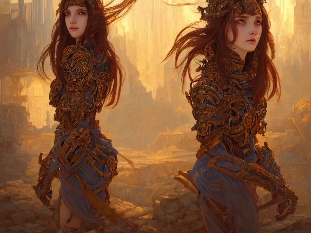 Image similar to portrait brown hair knights of zodiac girl, metalic orange and dark blue reflected armor, in ruined agora of athens, ssci - fi, fantasy, intricate, very very beautiful, elegant, golden light, highly detailed, digital painting, artstation, concept art, smooth, sharp focus, illustration, art by tian zi and wlop and alphonse mucha