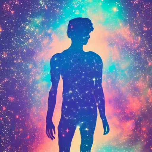 Image similar to A psychedelic silhouette of a human body filled with the universe, planets, stars and galaxies