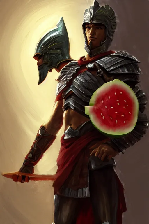 Prompt: a spartan king with a watermelon as shield, intricate, headshot, key visual, conceptart, ambient lighting, highly detailed, digital painting, artstation, concept art, sharp focus, by makoto shinkai and akihiko yoshida and greg manchess