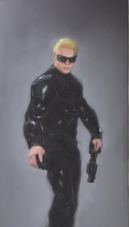 Prompt: Albert Wesker full body portrait, action! pose!, oil painting, surrounded by black tendrils