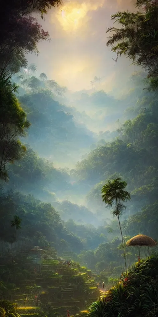 Prompt: Detailed landscape of lush rice terrace, Bali, morning, tropical vegetation, rising planet, floating rocks, nebula sky, stunning atmosphere, in Style of Peter Mohrbacher, cinematic lighting