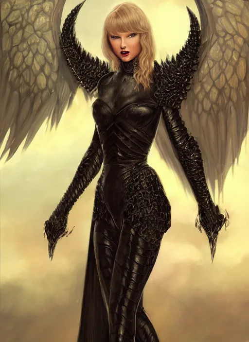 Image similar to Taylor swift demon queen, black armor, wings, Ivan Aivakovsky, Boris Vallejo, epic fantasy character art, D&D Concept Art, full length, Realistic, Regal, Refined, Detailed Digital Art, Oil Paining, Exquisite detail, post-processing, masterpiece, Cinematic Lighting, Unreal Engine, 8k, HD, Stanley Artgerm Lau, WLOP, Rossdraws, Frank Frazetta, Andrei Riabovitchev, Marc Simonetti, trending on artstation