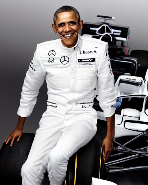 Image similar to a portrait of barack obama as a mercedes f 1 driver in a white overall with the face of barack obama, outdoor, professional portrait photography, ambient light