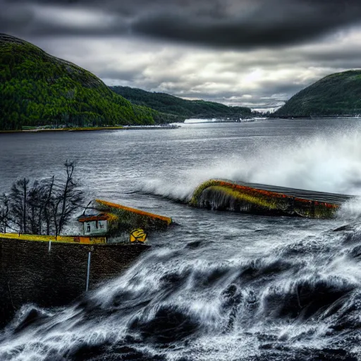 Prompt: tsunami hits bergen norway, real event, realistic, hdr, clear image,