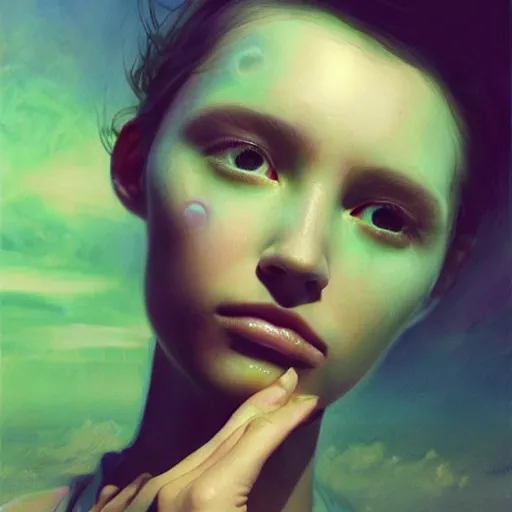 Prompt: 3 d, sci - fi, morning, sleepy fashion model face, sun, cinematic, clouds, lightning flashes, vogue cover style, poster art, light green and deep blue mood, realistic painting, intricate oil painting, high detail, figurative art, multiple exposure, poster art, 3 d, by tooth wu and wlop and beeple and greg rutkowski