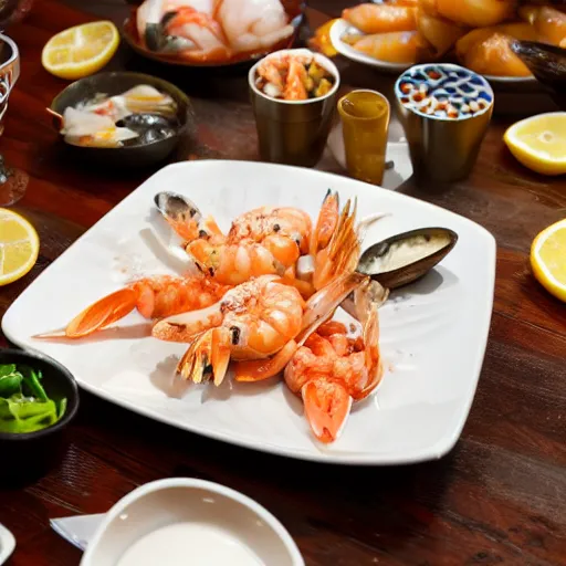 Image similar to an hd 4 k photo of a delicious seafood dinner, film, 5 star rating