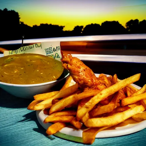 Prompt: chicken smokes french fry, coloured historic photo, sunset