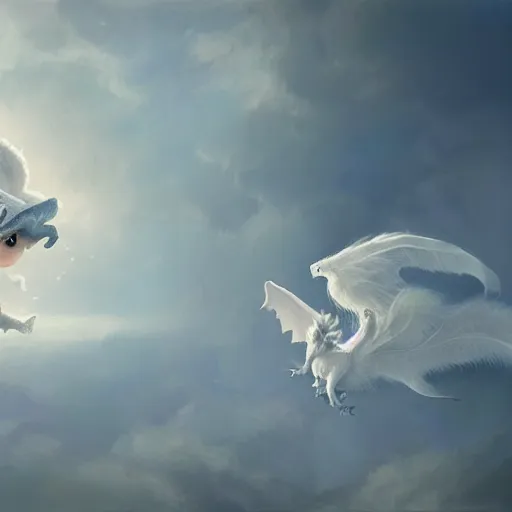 Prompt: a whimsical portrait of a little baby angel on a cute white dragon floating in the sky by Greg Rutkowski, ultra realistic, photorealistic 8k, cinematic lighting, HD, high detail, atmospheric, trending on artstation