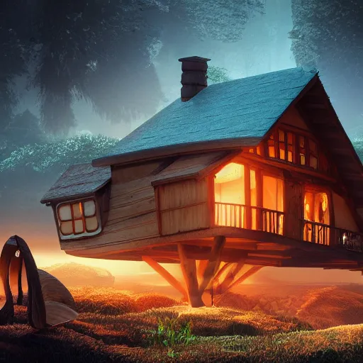 Image similar to a whale with a wooden house on his back, lights are on in the house, digital art, unreal engine, epic lighting, amazing, dreamlike, 3d render