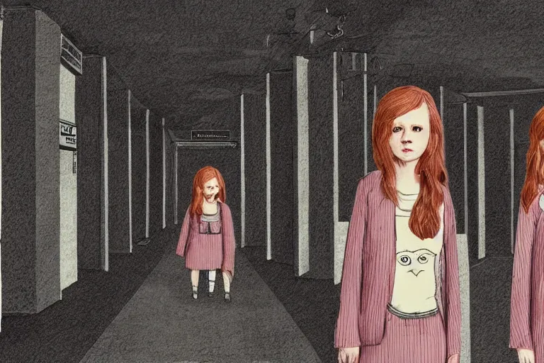 Image similar to scary ginger twin girls standing in an endless hallway, illustration, cute but scary, digital art, unique, trending on artstation, artistic, symmetrical, inspired by wes anderson