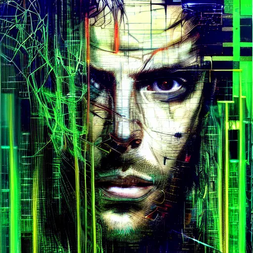 Image similar to hyperrealistic portrait of a cyberpunk man, long hair, confident, cybernetics, immersed within a network, by Guy Denning, Derek Gores, Russ Mills, glitch art, hyper focus, fined detail, polished, complex, hacking effects, holographic, digital tech effects, color blocking!, green, realistic, acrylic on canvas, concept art, abstract!, 8k, concept art, octane, cgsociety, trending on artstation