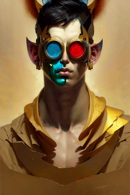 Image similar to portrait, male boy patchwork doll, cyberpunk, elegant baroque, expressive, asymmetrical art, hyperrealism, colorful, vivid, imposing, epic, abstract texture, gold leaf texture, artstation, concept art, by peter mohrbacher and wlop and rhads and artgerm and magali villeneuve and alphonse mucha