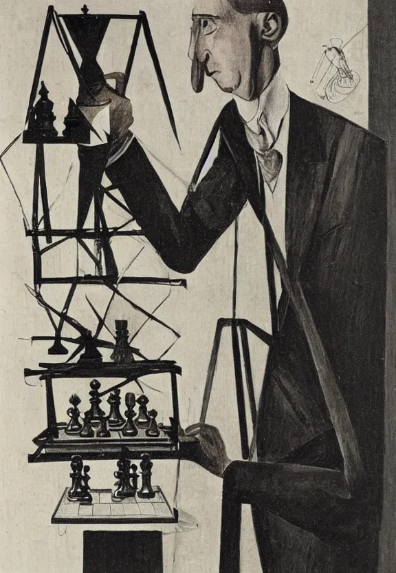 Prompt: a concept drawing of marcel duchamp holding up a chess - piece wire - machine, a surrealist painting by marcel duchamp, complex artificial - intelligence machinery, 1 9 2 0 s