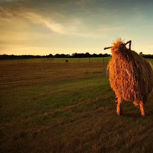 Image similar to a hay monster in a field looking ominously at the camera