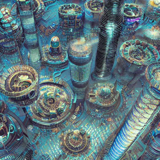 Image similar to a complex african city with a space port. art by machina infinitum and ian miller, infinite intricacy, rendered in octane, mandelbulb 3 d, ambient occlusion, macro photography, black opal