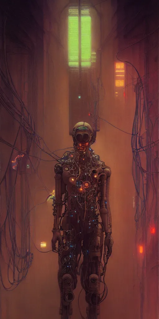 Image similar to ultra detailed, realistic cyberpunk portrait of one character, sci fi, cybernetic, wires, ar nouveau, by alfons maria mucha and zdzisław beksinski, dark mood, high detailed, 4 k, hd, high quality