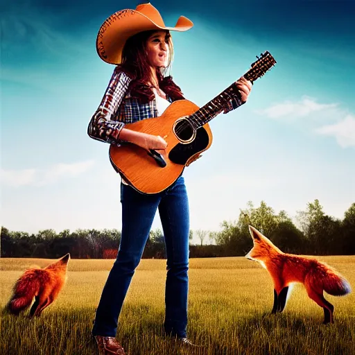 Image similar to a female fluffy humanoid fox animal, wearing cowboy hat, wearing plaid shirt, playing guitar, in a field, barn in background, album cover style