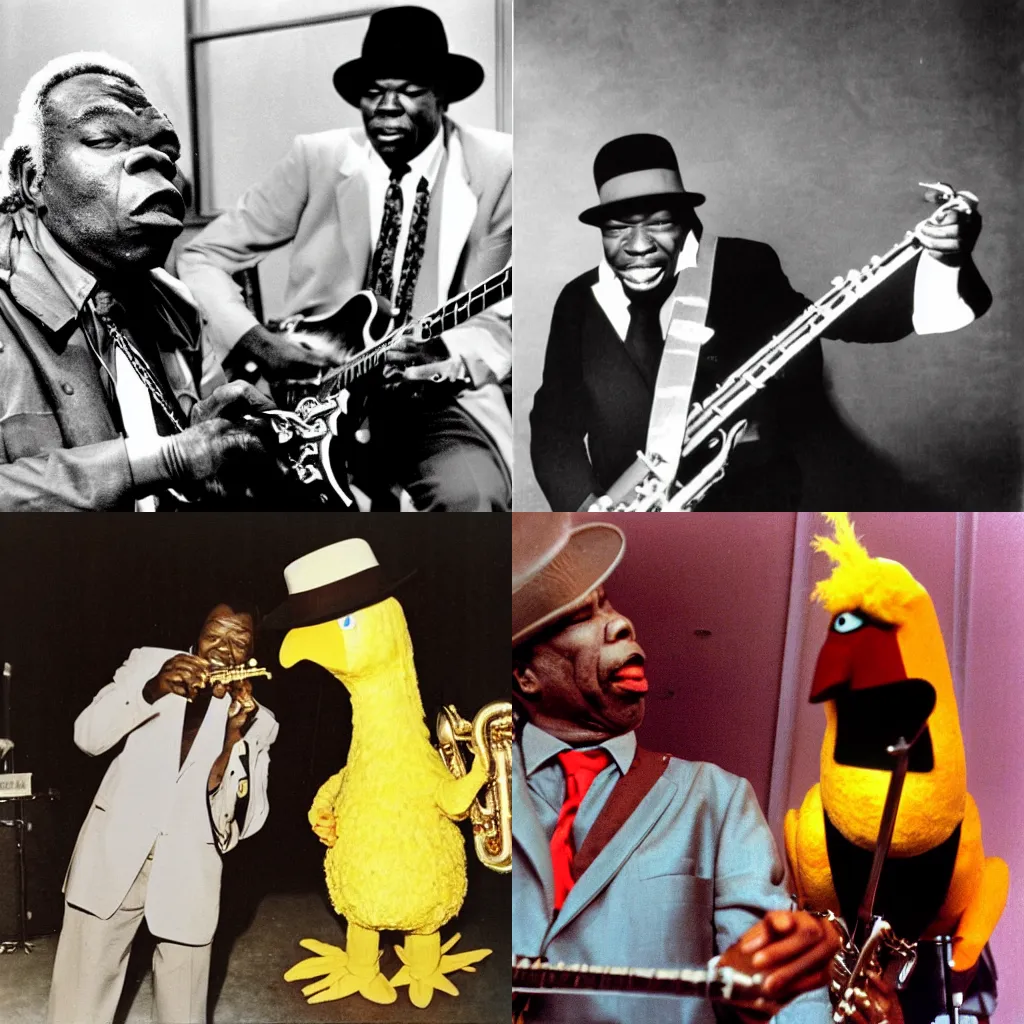 Prompt: john lee hooker jamming with big bird on saxophone