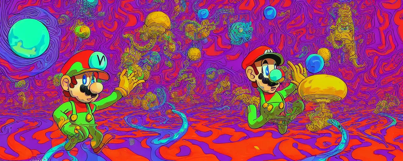 Prompt: ultra detailed surreal moebius illustration of super mario having psychedelic acid trip on lsd glichy hypnotic fractals spirals with molecule structures fluid flowing shapes by sachin teng and sergey kolesov and ruan jia and heng z. graffiti art, scifi, fantasy, hyper detailed. octane render. concept art. trending on artstation