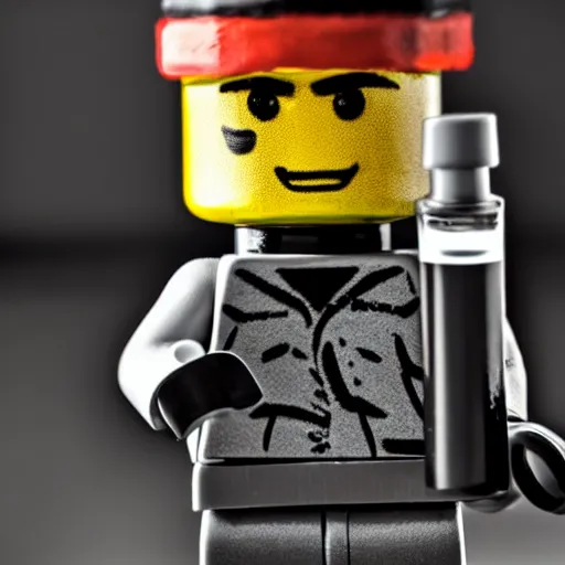 Prompt: macro photo of angry man lego figure in black spotwear, eight-piece cap on head, holding a vodka bottle, ambient lighting