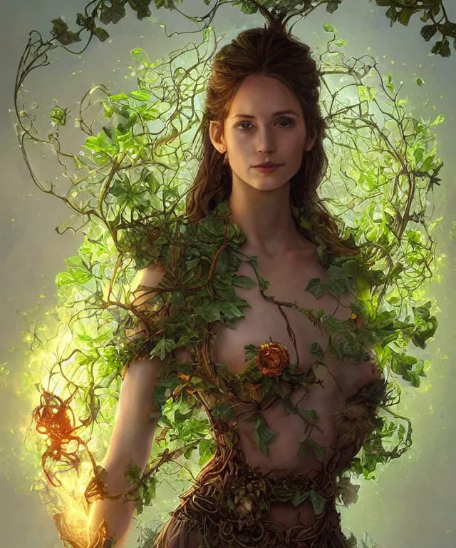 Prompt: a woman spore druid with leaf and vine themed clothing, fully clothed, glowing energy, D&D, fantasy, intricate, cinematic lighting, highly detailed, digital painting, artstation, concept art, smooth, sharp focus, illustration, subject in the middle of the frame, art by Artgerm and Greg Rutkowski and Alphonse Mucha