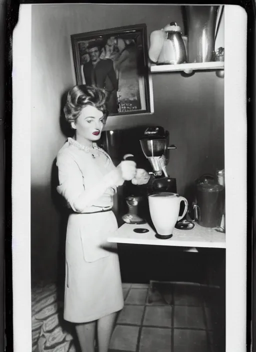 Image similar to a woman making coffee, flash polaroid photo by george hurrell,