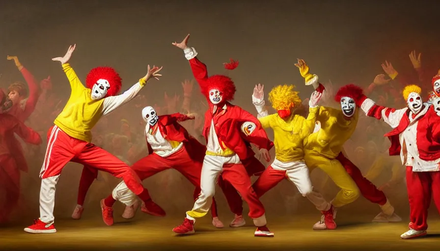 Prompt: highly detailed painting of a group of ronald mcdonalds with red afros, white facepaint, red noses and yellow tracksuits dancing on stage at a school talent show by william turner, by greg rutkowski, by william constable, thick brush strokes and visible paint layers, 4 k resolution