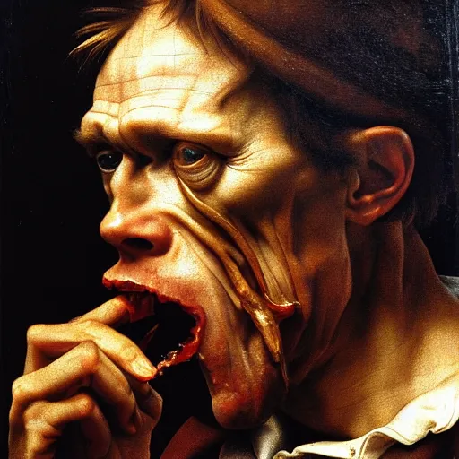 Prompt: close up portrait of willem dafoe eating an entire horse, oil painting, high detail, dark lighting, atmospheric, extremely detailed, intricate, da vinci, michelangelo, caravaggio, hans holbein, 8 k