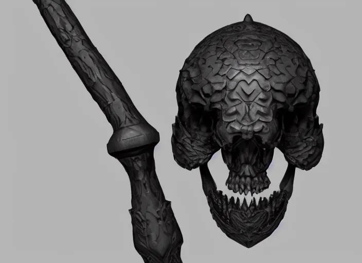 Prompt: a black long sword skull crest, orthographic, ornament, weapon, a 3 d render by dom qwek, front side views full, trending on polycount, artstation, hard surface modeling, rendered in maya, 3 ds max, blender, hd, vray