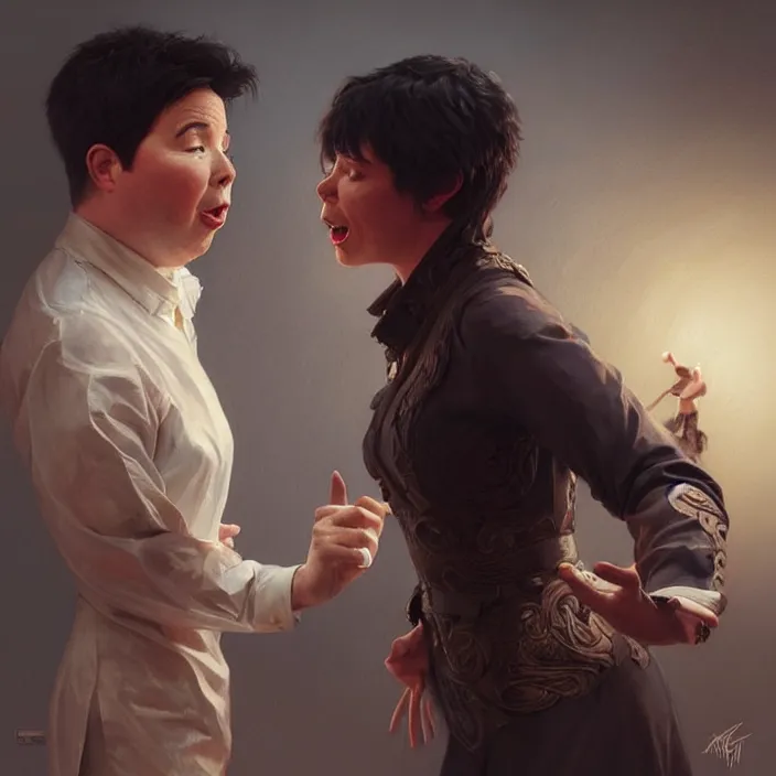 Image similar to michael mcintyre flirting with a singing waitressa, elegant, real life skin, intricate artwork, high detailed, artstation, concept art, smooth, sharp focus, art by artgerm and greg rutkowski