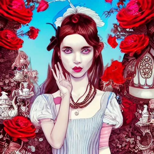 Image similar to Alice in Wonderland at the tea party, she looks like a mix of Grimes and zoë kravitz, very long fingernails, childlike, hair and dress billowing dramatically in the wind, wearing heaving stacks of pearl necklaces, surrounded by red and white roses, digital illustration, inspired by a stylistic blend of Aeon Flux, Japanese shoujo manga, and John singer Sargent paintings, hyper detailed, dreamlike, otherworldly and ethereal!!!!! delicate, flower petals, super photorealistic!! extremely fine inking lines, gradient colors