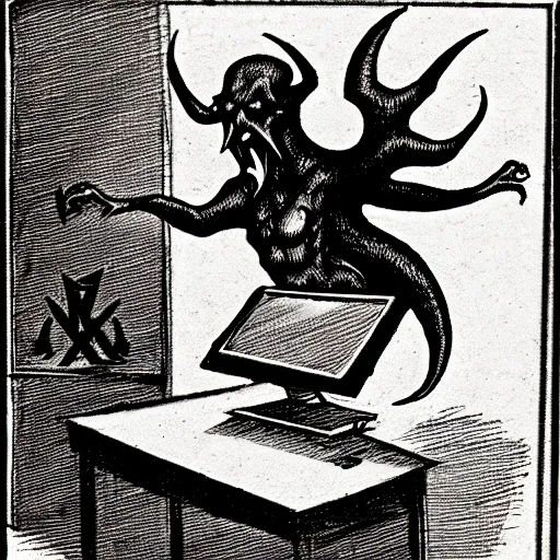 Image similar to a devilish spirits emerging from a desktop computer, renaissance era sketch, satanic, ritual