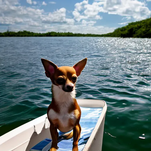 Prompt: A national geographic high resolution wide angle shot of a chihuahua on a boat in the amazon