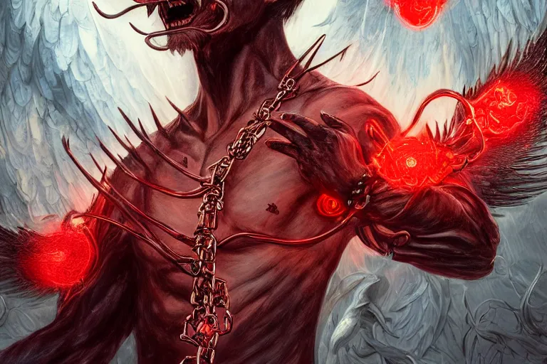 Image similar to lucifer, dark angel, demon, satan, red eyes, chain, handcuffs, large chain, wide open mouth, scream, cruelty, light effect, hyper detailed, intricate, elegant, highly detailed, digital painting, artstation, concept art, matte, sharp focus, illustration, by dan mumford, yusuke murata, makoto shinkai, ross tran