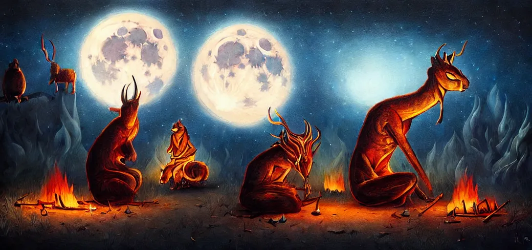 Image similar to strange mythical beasts of sitting around a fire under a full moon, surreal dark uncanny painting by ronny khalil