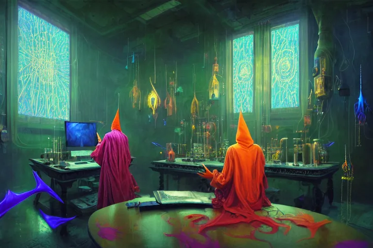 Image similar to a highly detailed beautiful masterpiece painting of a technomancer wizard in robes with pointed hood discussing sentience with his synthesized AI djinn in his laboratory near a computer by Remedios Varo and Anato Finnstark and Greg Rutkowski, dayglo pink, dayglo blue, dazzle camouflage, 8k, trending on ArtStation, rendered in Octane, volumetric lighting