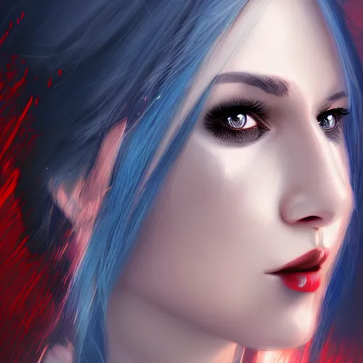 Prompt: Digital portrait of a beautiful half-elf half-vampire young woman. Half black half white hair. Red irises, vertical pupils. Award-winning digital art, trending on ArtStation