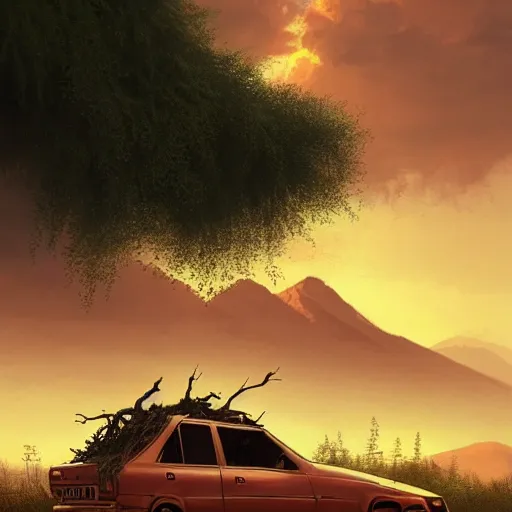 Image similar to low angle shot of tree growing inside scrap car in the foreground. overgrown. soft golden red sunset over the mountains in the background. clouds. detailed leaves. hyperrealistic, highly detailed, cinematic, beautiful, cgsociety, artstation, oil painting by greg rutkowski, by artgerm, by wlop