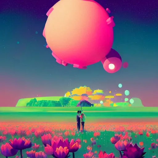 Image similar to a huge lotus in the center of a meadow of various colors. bright sunny day, in the style of katamari damacy, scattered glowing pink fireflies, soft vaporwave liminal aesthetic. 3 d blender by tomer hanuka, greg rutkowski, beeple, sharp focus, digital painting, concept art