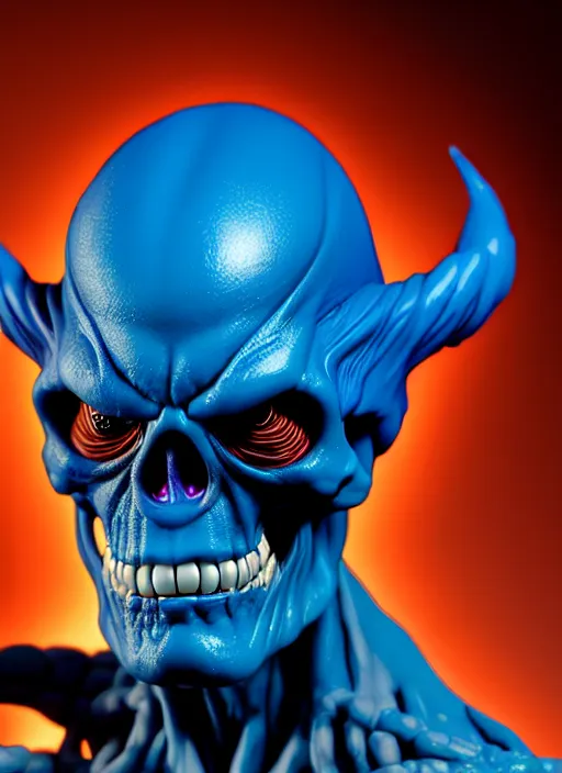 Prompt: hyperrealistic rendering, skeletor face by bernie wrightson and killian eng and joe fenton, product photography, action figure, sofubi, studio lighting, colored gels