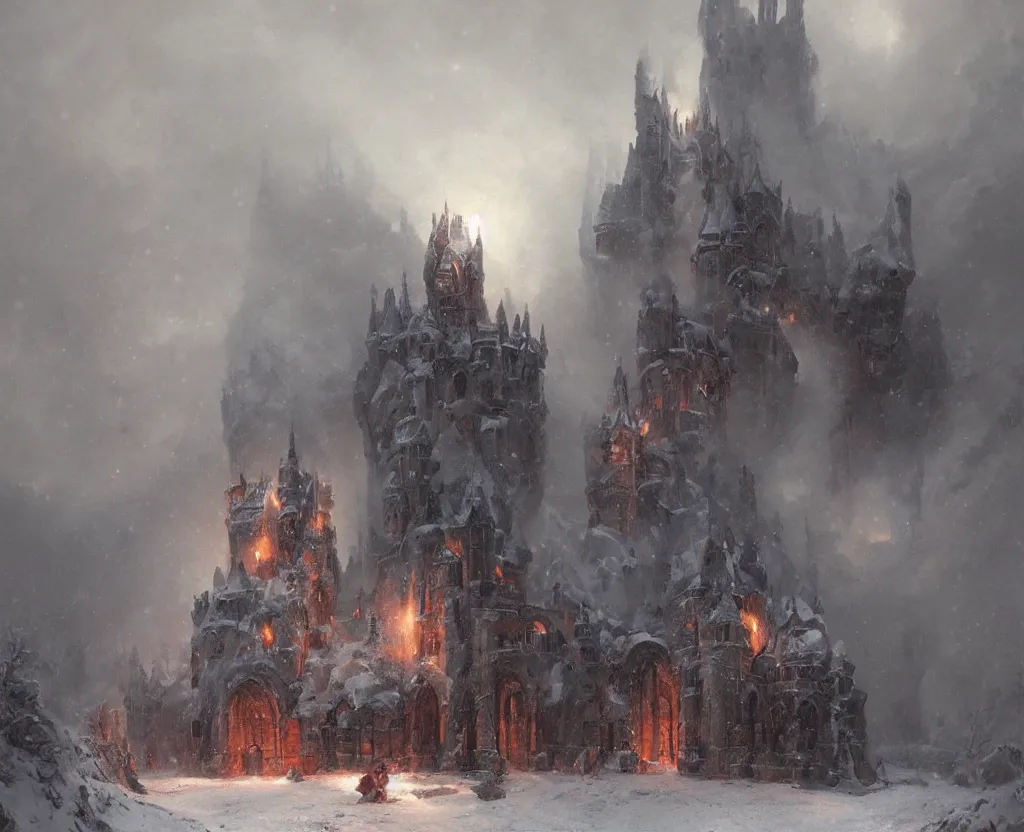 Image similar to Siege of a pipe organ castle in winter, heavy snow storm, fantasy, medieval, fire, explosions and grey smoke here and there, highly detailed, Artstation, oil on canvas painting by greg rutkowski and alan lee