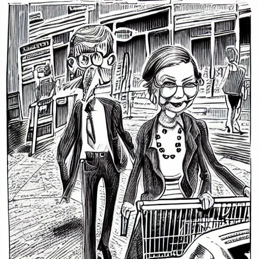 Image similar to The Artwork of R. Crumb and his Cheap Suit Mitch McConnell and Nancy Pelosi go shopping, pencil and colored marker artwork, trailer-trash lifestyle