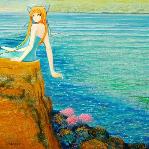 Image similar to Beautiful abstract impressionist painting of Hatsune Miku on a cliff looking calmly at the sea, hatsune miku official artwork, danbooru, oil painting by William Blake, wide strokes, pastel colors, soft lighting sold at an auction