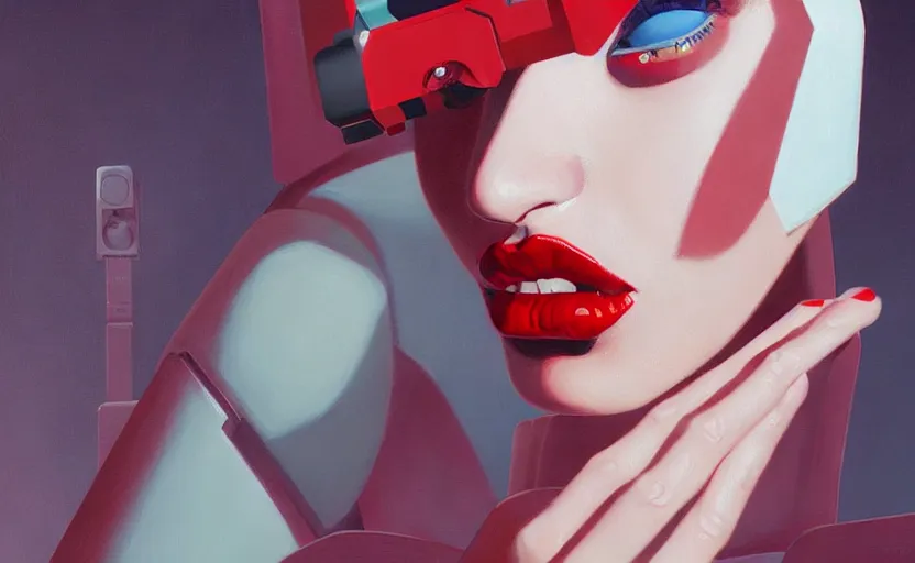 Prompt: Portrait of a girl with red lipstick retro digitlism and a parallel mind electro brain half robot cyberpunk nural network on her brain, very coherent, painted by Edward Hopper, Wayne Barlowe, painted by James Gilleard, airbrush, art by JamesJean