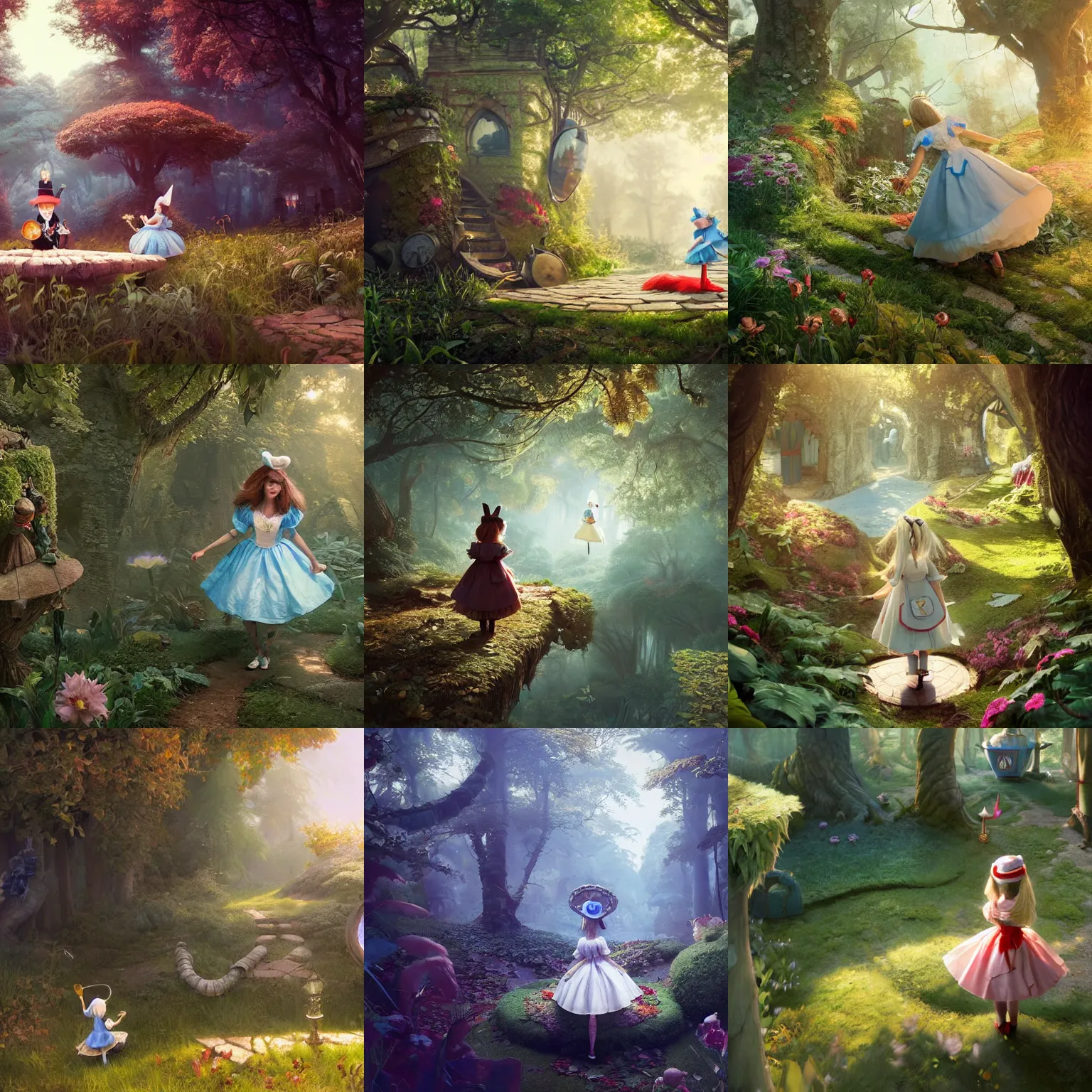 Prompt: Alice in Wonderland, 3d scene, render, ultra realistic, zenith view, Greg Rutkowski, artstation, cgsociety, unreal engine, 3d scene, render, ultra realistic