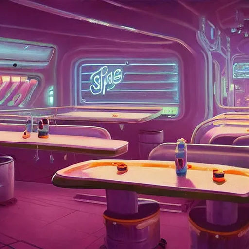 Image similar to beautiful painting of a dirty space diner in the style of Simon Stålenhag and H. R. Giger, detailed, trending on Artstation