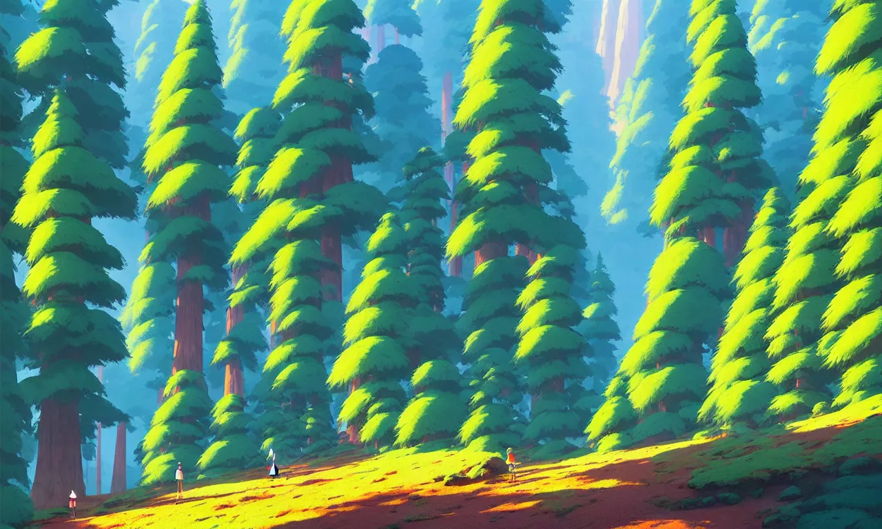 Image similar to Sequoia forest in a colorful moutain with beautiful trees , no people, morning, by studio ghibli painting, superior quality, masterpiece, traditional Japanese colors, by Grzegorz Rutkowski, concept art