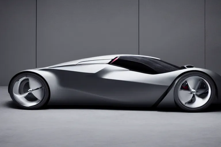 Prompt: A futuristic supercar made of a slick grey scaled metal, professional garage photograph.