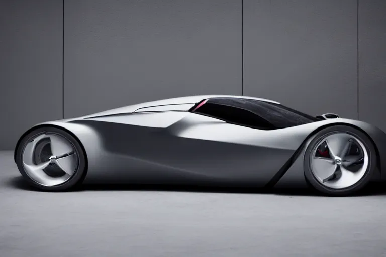 Image similar to A futuristic supercar made of a slick grey scaled metal, professional garage photograph.